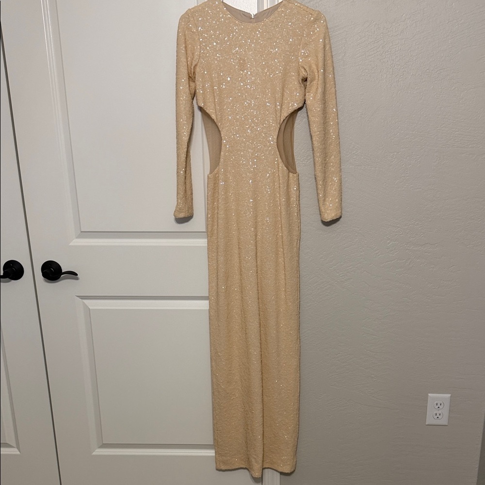 Dress the Population Sequin Long Sleeve Dress in Cream